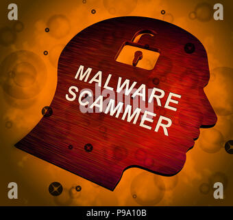 Malware Scammer Security Shield Sicherheit 3D Rendering Zeigt geschützt Online Schutz gegen Ransomware Trojaner und schädliche Websites Stockfoto