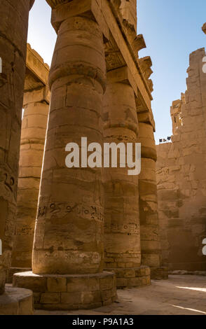 Papyrus Spalten mit ägyptischen Hieroglyphen in der großen Säulenhalle, Revier des Amun Ra, Karnak Tempel. Luxor, Ägypten, Afrika Stockfoto