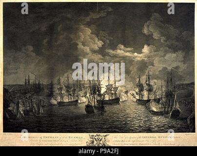 Die Seeschlacht von Chesma in der Nacht vom 26. Juli 1770. Museum: Staatliches Historisches Museum, Moskau. Stockfoto