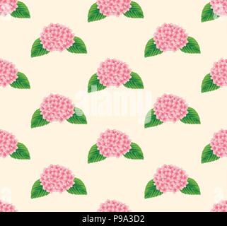 Pink Hydrangea Blume Nahtlose auf Beige Elfenbein Hintergrund. Vector Illustration. Stock Vektor