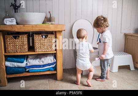 Zwei Kleinkinder Kinder mit zahnbürste stehen durch die Toilette im Bad zu Hause. Stockfoto