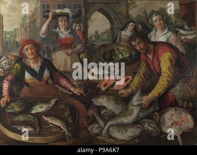 Die vier Elemente: Wasser. Ein Fischmarkt mit dem Wunderbaren Entwurf der Fische im Hintergrund. Museum: National Gallery, London. Stockfoto