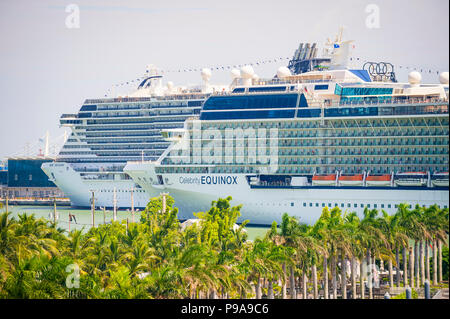 MIAMI - ca. Juni 2018: MSC am Meer und Celebrity Equinox Kreuzfahrtschiffe Ausfahrt aus dem Hafen in Miami Stockfoto