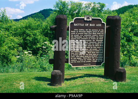 Black Hawk Krieg, Schlacht von schlechten Axt memorial Marker, Wisconsin Ufer des Mississippi River. Foto Stockfoto