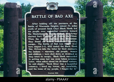 Black Hawk Krieg, Schlacht von schlechten Axt memorial Marker, Wisconsin Ufer des Mississippi River. Foto Stockfoto