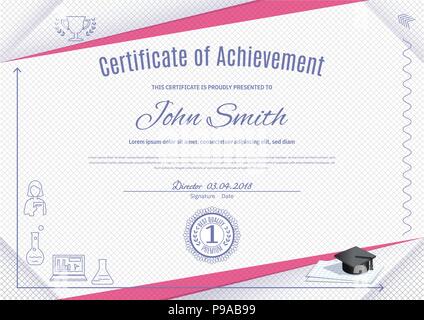 Offizielle white Zertifikat mit rosa Dreiecke und dünnen Bildung graduatioin Symbole, cap, Tasse. Sauberes, modernes Design. Afstract Hintergrund. Blätter in einem Käfig Stock Vektor