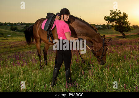 Schöne lächelnde Mädchen Jockey stand neben ihr braunes Pferd Tragen besonderer Uniform auf einen Himmel und grünen Feld Hintergrund auf einen Sonnenuntergang. Stockfoto