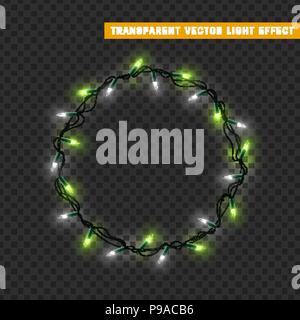 Girlanden in Grün und Weiß isoliert Vektor Kranz Rahmen rund. Weihnachtsschmuck licht Effekte. Leuchtende Lichter für Weihnachten Urlaub. Stock Vektor