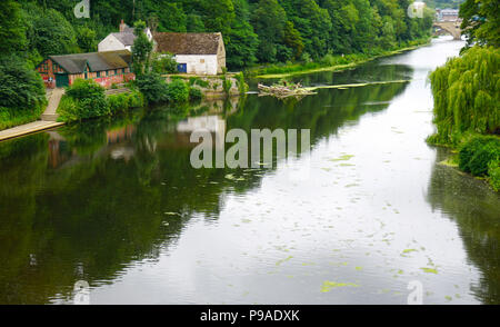 Blick auf den Fluss Wear und Universität Bootshaus in Durham, England, Großbritannien Stockfoto