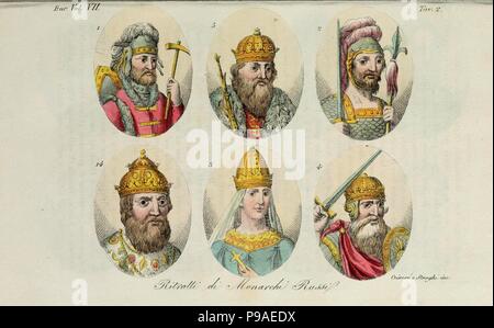 1. Rurik 2. Igor von Kiew 3. Olga 4. Swjatoslaw 5. Vladimir die Große 14. Ivan IV (von 'Il kostüm Antico …" von Giulio Ferrario). Museum: private Sammlung. Stockfoto