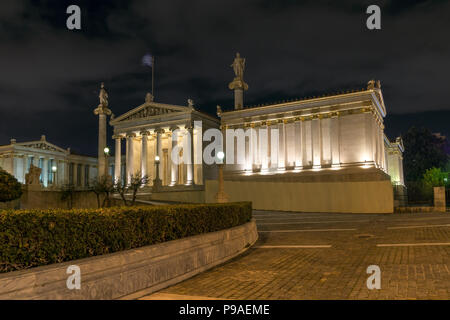 Nacht Panorama der Akademie von Athen, Attika, Griechenland Stockfoto