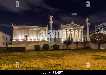 Nacht Panorama der Akademie von Athen, Attika, Griechenland Stockfoto
