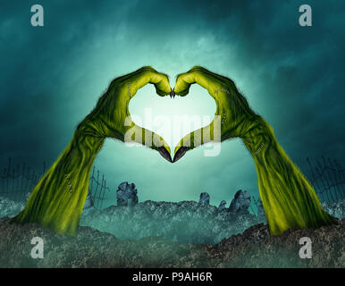 Zombie hand Herz Form in eine gruselige Nacht Friedhof Hintergrund als Grün halloween Waffen, die aus einem Friedhof Grab oder erschreckende Symbol in einem 3D-illust Stockfoto