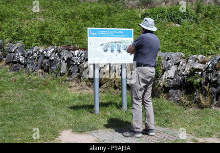 Touristische Lesen der Infotafel am Drombeg Steinkreis in der Grafschaft Cork Stockfoto