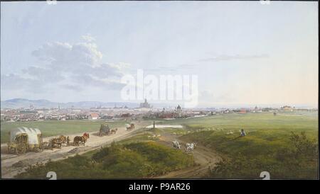 Blick auf Wien von der Spinnerin am Kreuz. Museum: Albertina, Wien. Stockfoto