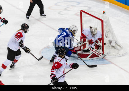 Monique Lamoureux-Morando (USA) und Goalie Shannon Szabados (CAN) während die Goldmedaille der Frauen Eishockey Spiel USA Kanada an den Olympischen Winter Ga vs. Stockfoto