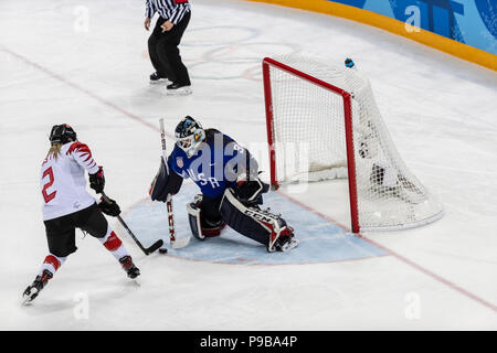 Goalie Maddie Rooney (USA) und Meghan Agosta (CAN) während die Goldmedaille der Frauen Eishockey Spiel USA Kanada bei den Olympischen Winterspielen PyeongChang vs. Stockfoto