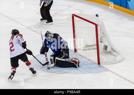 Goalie Maddie Rooney (USA) und Meghan Agosta (CAN) während die Goldmedaille der Frauen Eishockey Spiel USA Kanada bei den Olympischen Winterspielen PyeongChang vs. Stockfoto