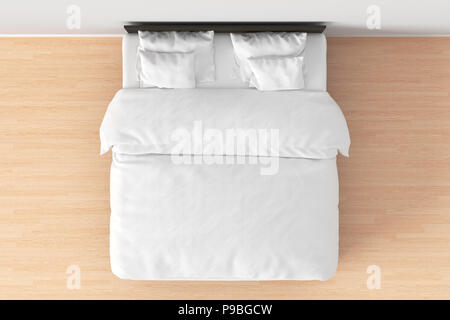 Dunkelbraun Doppelbett mit weißer Bettwäsche in einfache Einrichtung. 3D-Rendering Stockfoto