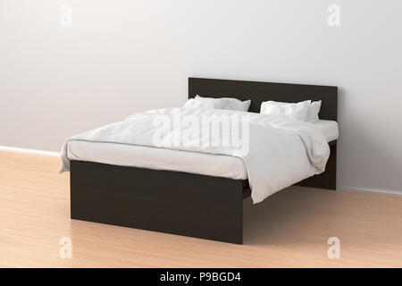 Dunkelbraun Doppelbett mit weißer Bettwäsche in einfache Einrichtung. 3D-Rendering Stockfoto