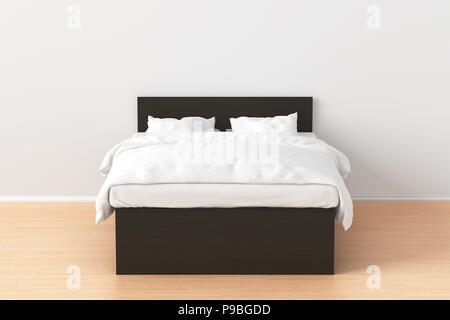Dunkelbraun Doppelbett mit weißer Bettwäsche in einfache Einrichtung. 3D-Rendering Stockfoto