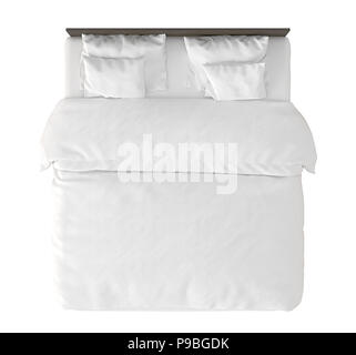 Dunkelbraun Doppelbett mit weißen Bettlaken auf weißem Hintergrund. Beschneidungspfad gehören. 3D-Rendering Stockfoto