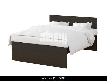 Dunkelbraun Doppelbett mit weißen Bettlaken auf weißem Hintergrund. Beschneidungspfad gehören. 3D-Rendering Stockfoto