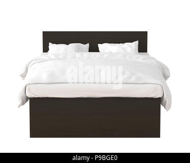 Dunkelbraun Doppelbett mit weißen Bettlaken auf weißem Hintergrund. Beschneidungspfad gehören. 3D-Rendering Stockfoto