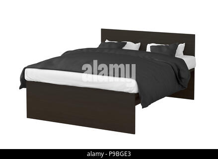 Dunkelbraun Doppelbett mit Bettwäsche schwarz auf weißem Hintergrund. Beschneidungspfad gehören. 3D-Rendering Stockfoto