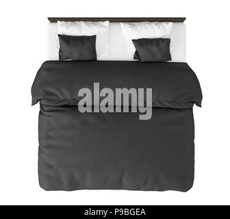 Dunkelbraun Doppelbett mit Bettwäsche schwarz auf weißem Hintergrund. Beschneidungspfad gehören. 3D-Rendering Stockfoto