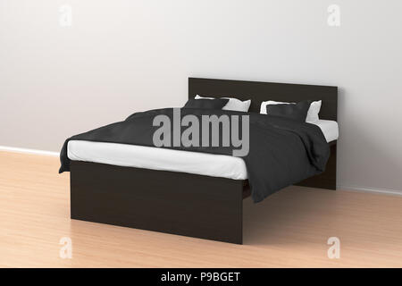 Dunkelbraun Schwarz Doppelbett mit Bettwäsche in einfache Einrichtung. 3D-Rendering Stockfoto
