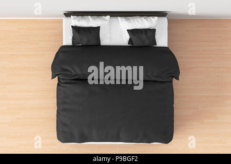 Dunkelbraun Schwarz Doppelbett mit Bettwäsche in einfache Einrichtung. 3D-Rendering Stockfoto