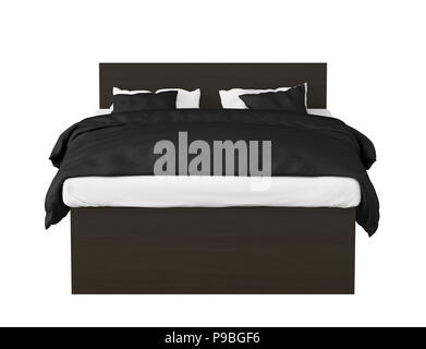 Dunkelbraun Doppelbett mit Bettwäsche schwarz auf weißem Hintergrund. Beschneidungspfad gehören. 3D-Rendering Stockfoto