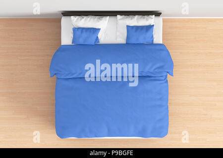 Dunkelbraun Doppelbett mit Blau Leinen in einfache Einrichtung. 3D-Rendering Stockfoto