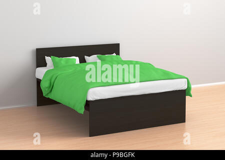 Dunkelbraun Doppelbett mit Bettwäsche in Grün einfache Einrichtung. 3D-Rendering Stockfoto