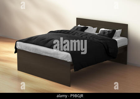 Dunkel Braun queen size Doppelbett mit schwarzer Wäsche in der Morgensonne. 3D-Rendering Stockfoto