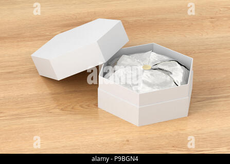 Weiß hexagon Geschenkbox auf hölzernen Hintergrund öffnen. 3D-Rendering Stockfoto