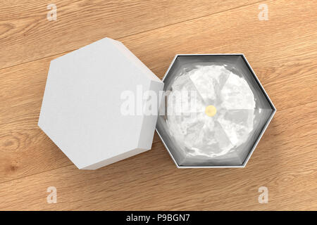 Weiß hexagon Geschenkbox auf hölzernen Hintergrund öffnen. 3D-Rendering Stockfoto