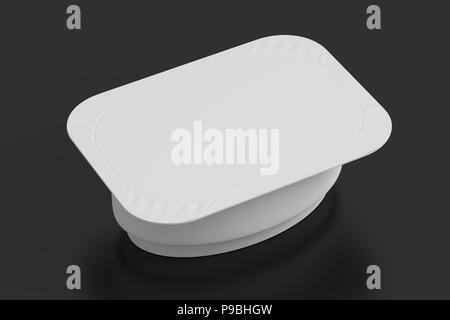 Leere weiße Joghurt Verpackung. Mockup dessert Kunststoffbehälter auf schwarzen Hintergrund mit Freistellungspfad isoliert. 3D-Rendering Stockfoto