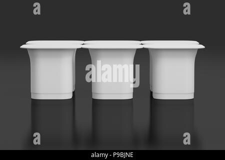 Leere Packung mit sechs weißen Joghurt Verpackung. Mockup dessert Kunststoffbehälter auf schwarzen Hintergrund mit Freistellungspfad isoliert. 3D-Rendering Stockfoto