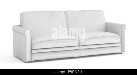 Weißes Leder Sofa auf weißem Hintergrund. Beschneidungspfad gehören. 3D-Rendering Stockfoto