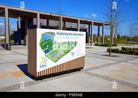 Plan der Website außerhalb der Besucher Zentrum mit den Streitkräften Denkmal für die hinteren, National Memorial Arboretum, Alrewas, Staffordshire, England, UK, Wir Stockfoto