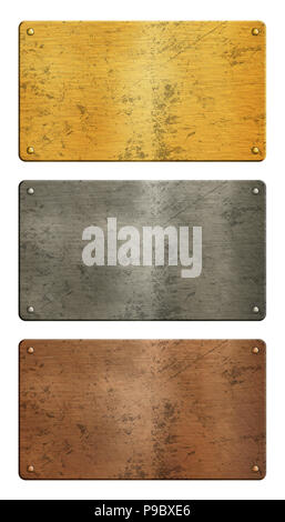 Schließen Sie bis zu drei Nieten grunge aus gebürstetem Metall Abzeichen Platten (Gold, Silber und Kupfer) auf weißem Hintergrund Stockfoto