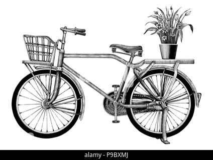 Vintage Fahrrad- und Blumentopf hand Zeichnung Clipart auf weißem Hintergrund Stock Vektor