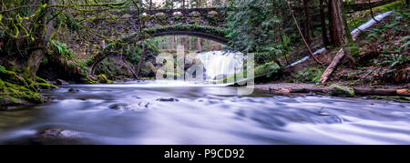 Whatcom Falls, Bellingham, Washington, USA. Lange Exposition eines Wasserfalls unter einer Felsbrücke. Stockfoto