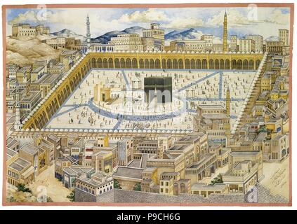 Blick auf die Ka'aba und die umliegenden Gebäude in Mekka. Museum: private Sammlung. Stockfoto