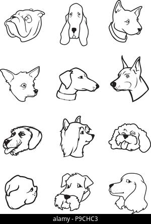 Cartoon Vector Illustration von schwarzen und weißen Hund Gesichter Stock Vektor