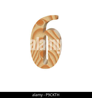 Holz Zahl 6 (sechs) auf weißem Hintergrund. Textur aus Holz. Teil des ursprünglichen Alphabet Schrift. Volumetrische alphabet Design. 3D-Darstellung Stockfoto