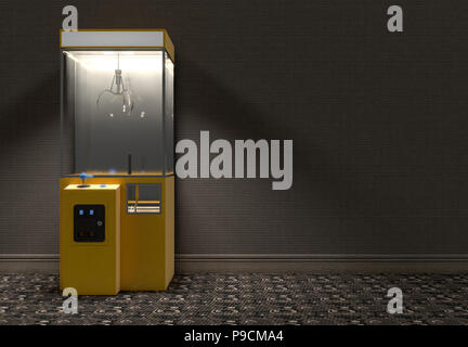 Eine gelbe Leere arcade Art Kralle grabber Spiel in einem schwach beleuchteten vintage Zimmer - 3D-Rendering Stockfoto