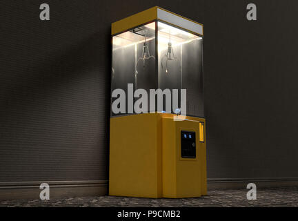 Eine gelbe Leere arcade Art Kralle grabber Spiel in einem schwach beleuchteten vintage Zimmer - 3D-Rendering Stockfoto